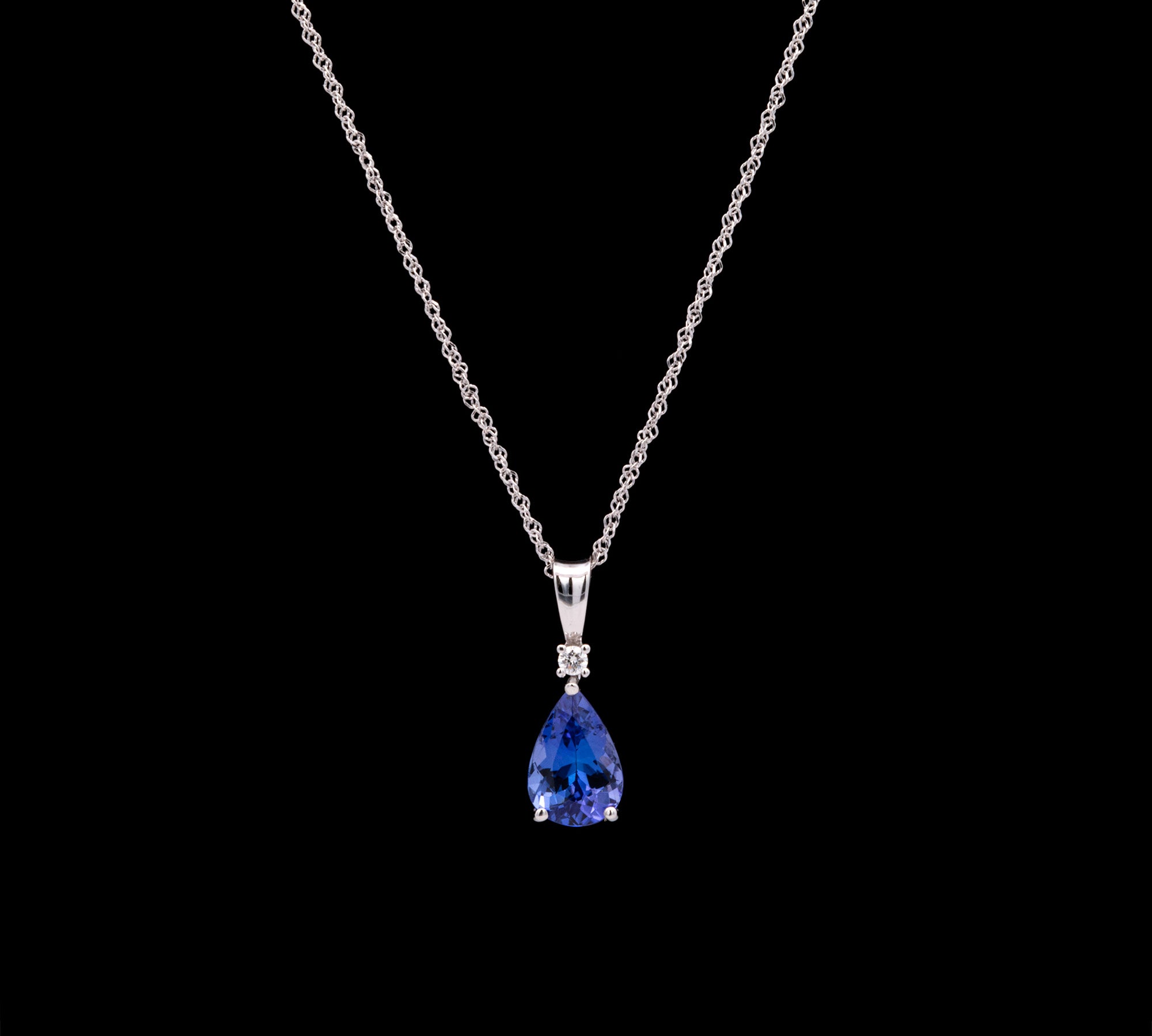 14K White Gold Tanzanite And Diamond Pendant With 18 Inch Chain