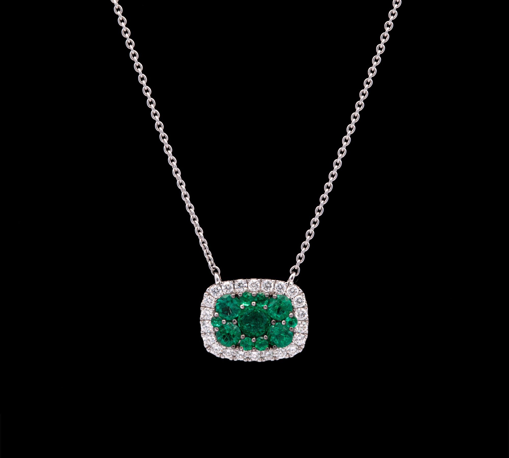 18K White Gold Emerald And Diamond Necklace, 16 Inches