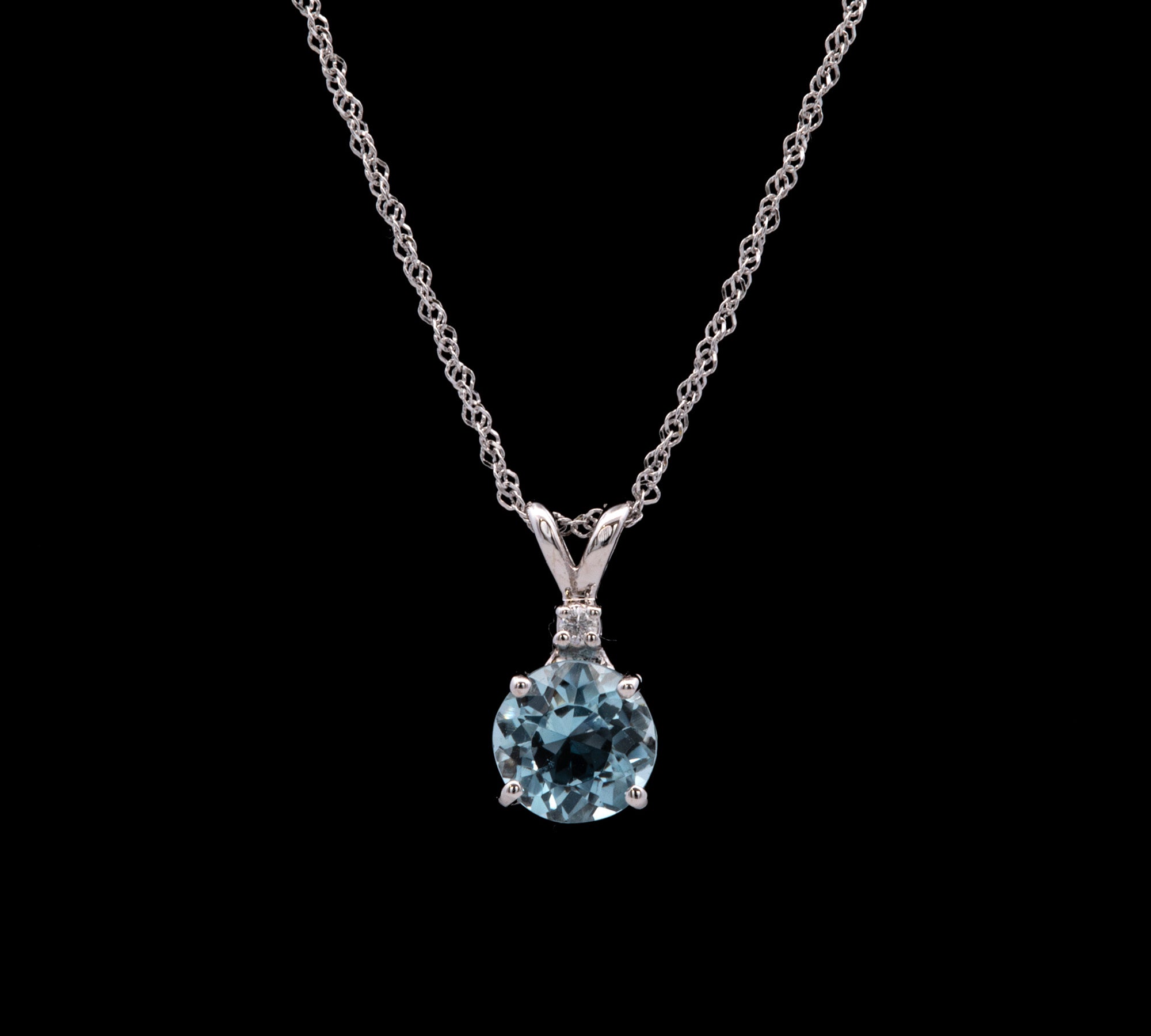 14K White Gold Round Aquamarine And Diamond Pendant With 18 Inch Chain