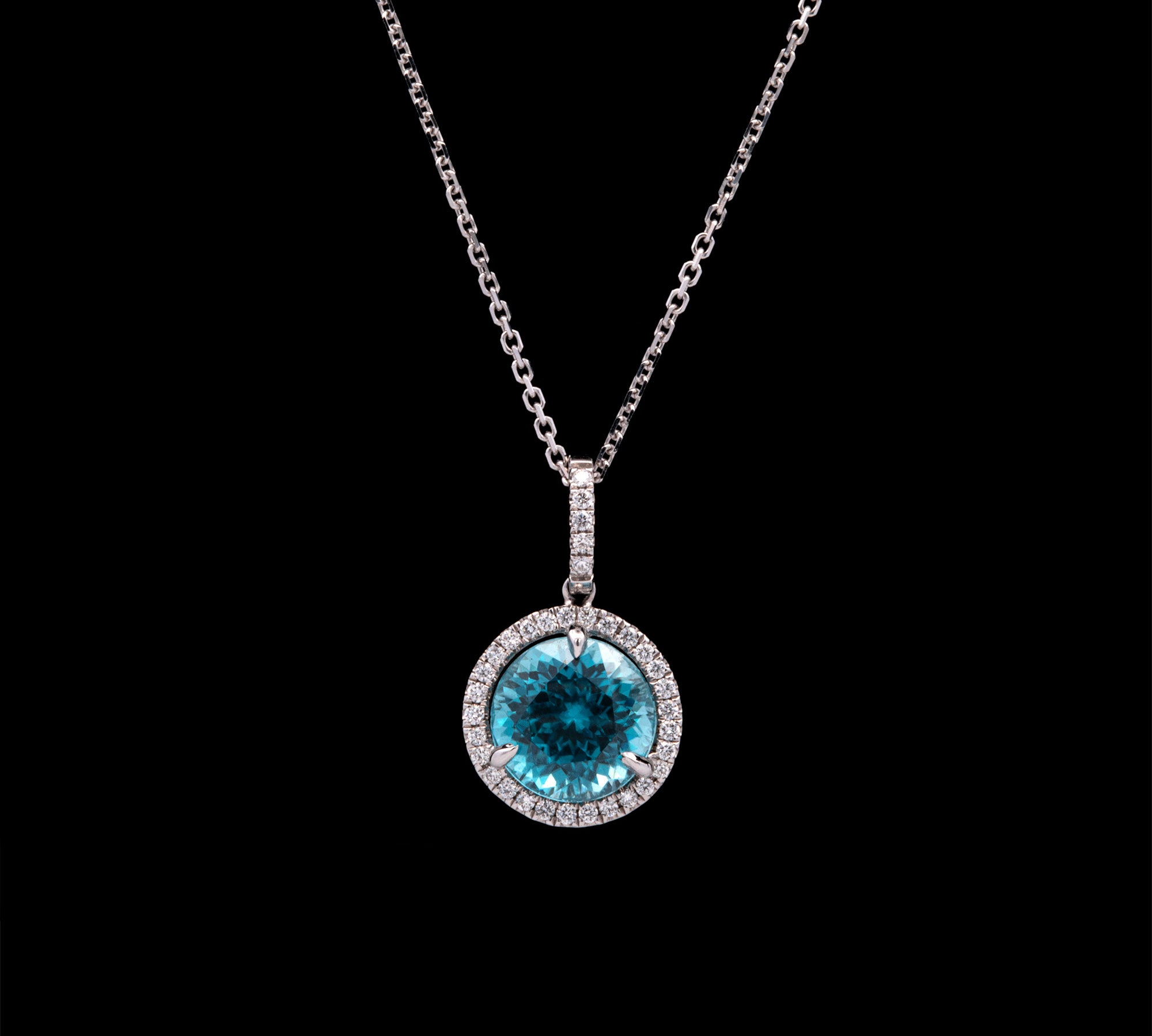 18K White Gold Blue Zircon And Diamond Halo Pendant With Chain