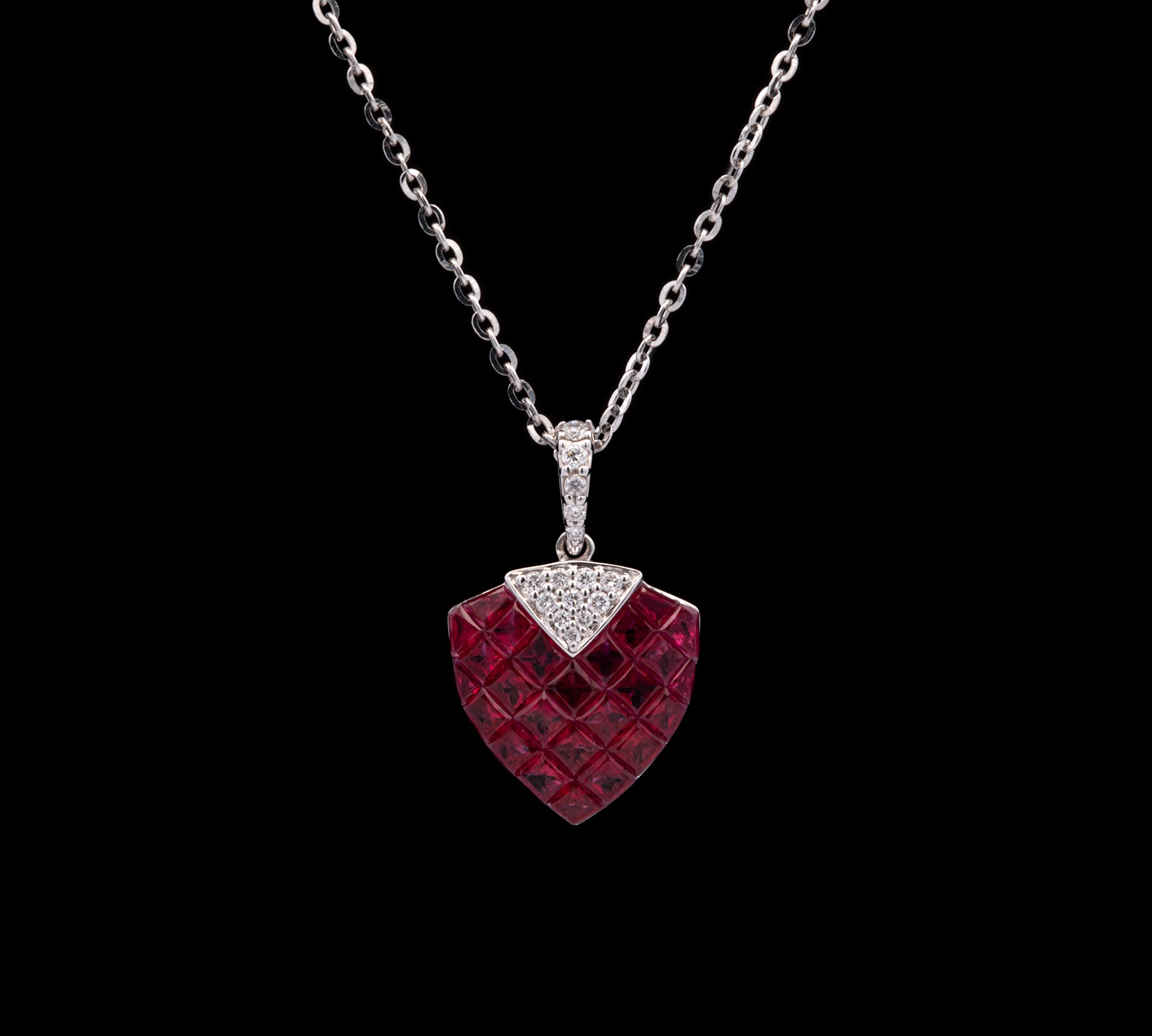 18K White Gold Invisible Set Ruby And Diamond Pendant With 18 Inch Chain