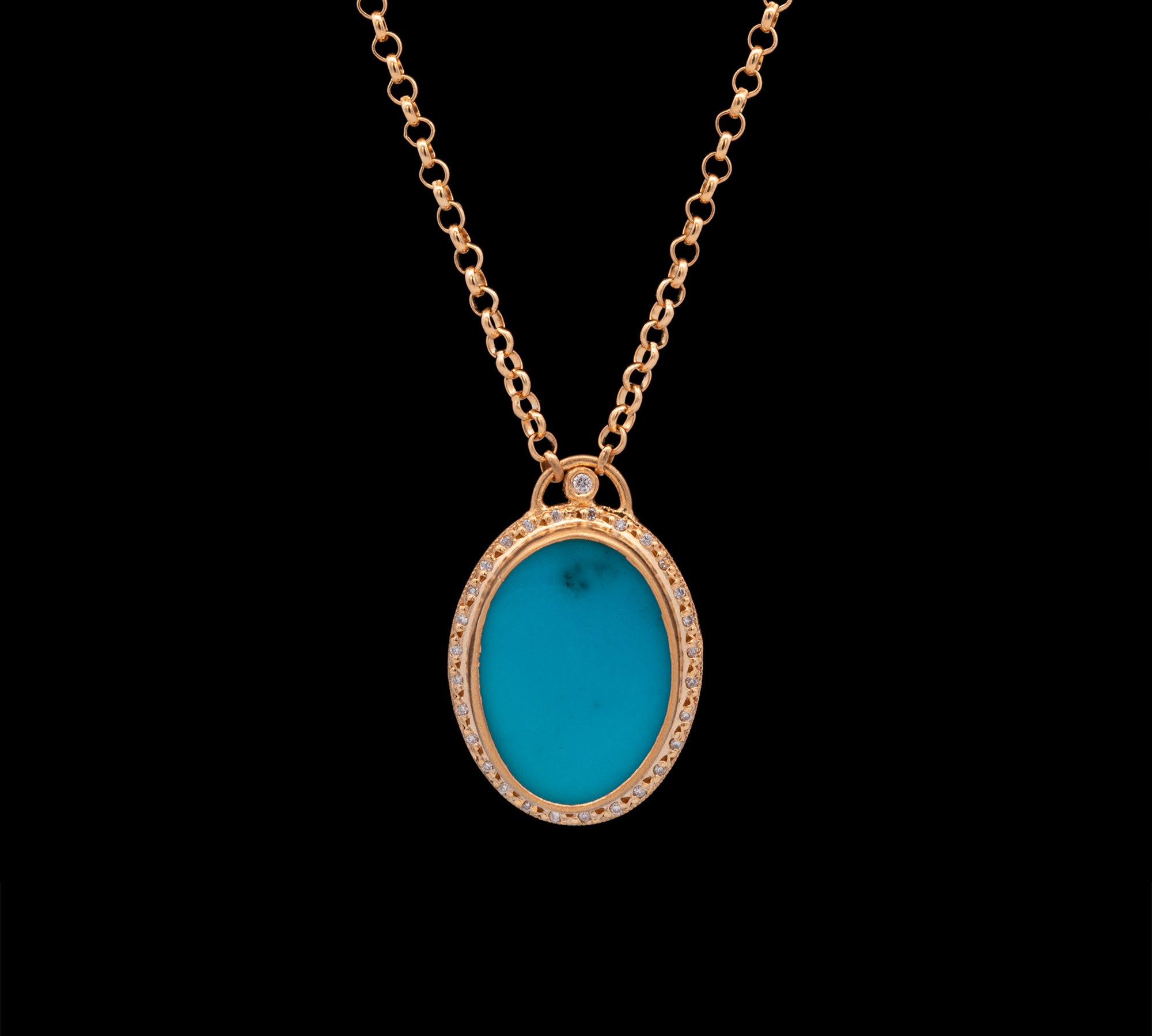 18K And 24K Yellow Gold Turquoise And Diamond Pendant With 21 Inch Chain
