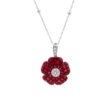 18K White Gold Invisible Set Ruby And Diamond Flower Pendant With 18 Inch Adjustable Chain