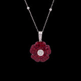 18K White Gold Invisible Set Ruby And Diamond Flower Pendant With 18 Inch Adjustable Chain