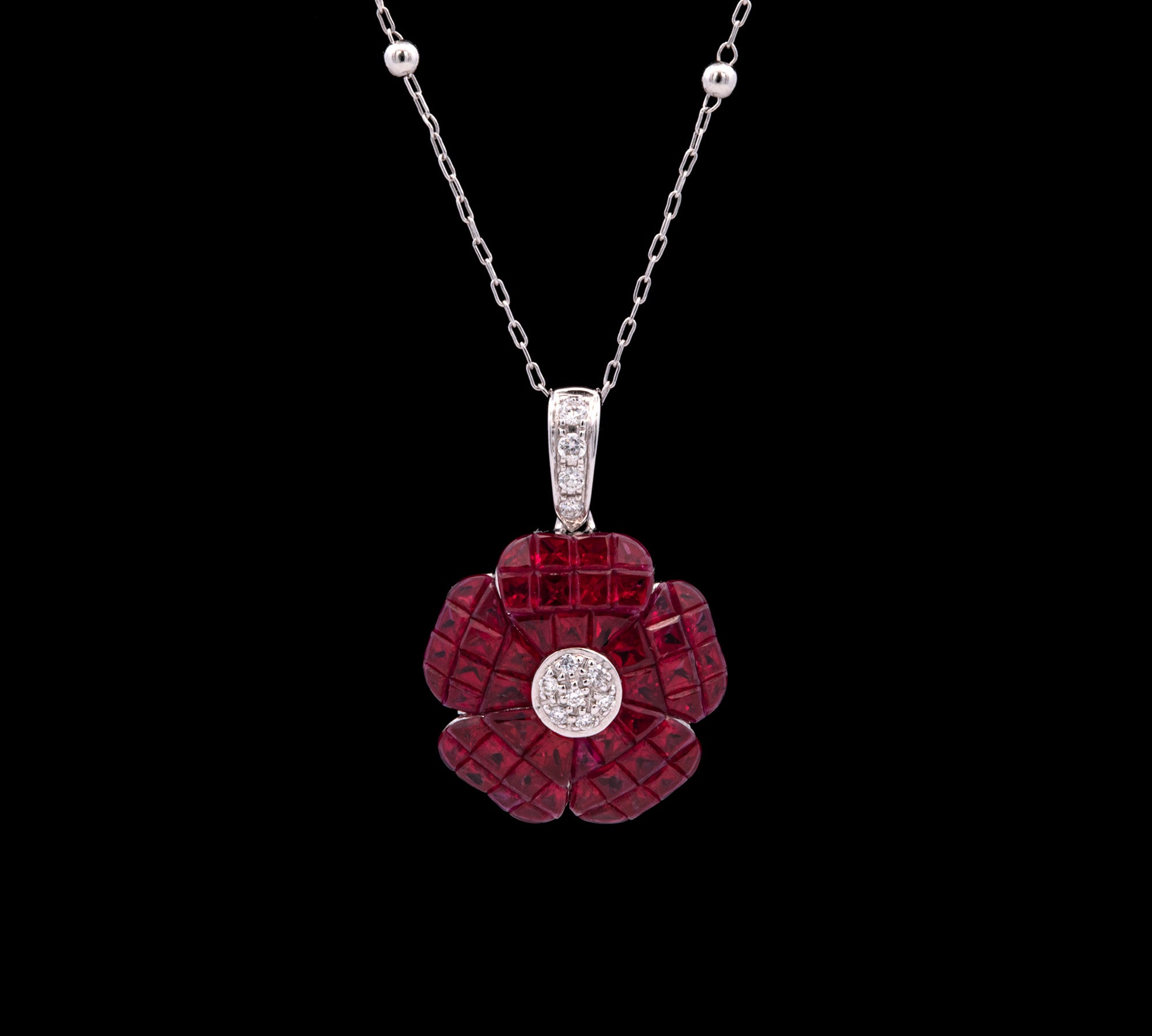 18K White Gold Invisible Set Ruby And Diamond Flower Pendant With 18 Inch Adjustable Chain