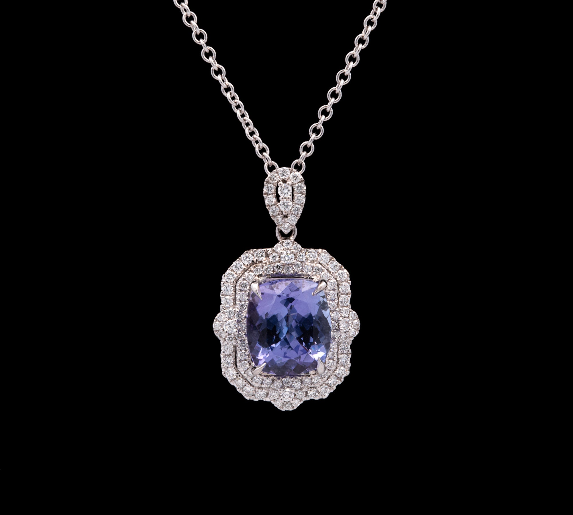 18K White Gold Tanzanite And Diamond Pendant With 17 Inch Chain