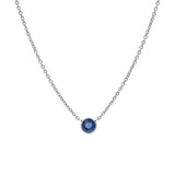 Custom 14K White Gold Bezel Set Cornflower Blue Sapphire Necklace, 18 Inch Cable Chain