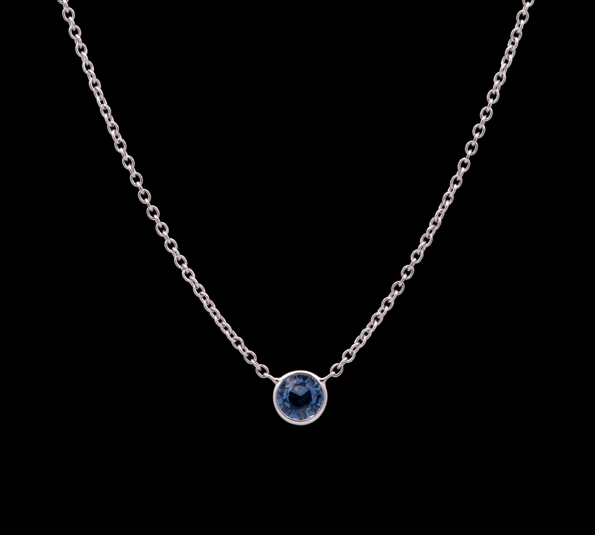 Custom 14K White Gold Bezel Set Cornflower Blue Sapphire Necklace, 18 Inch Cable Chain