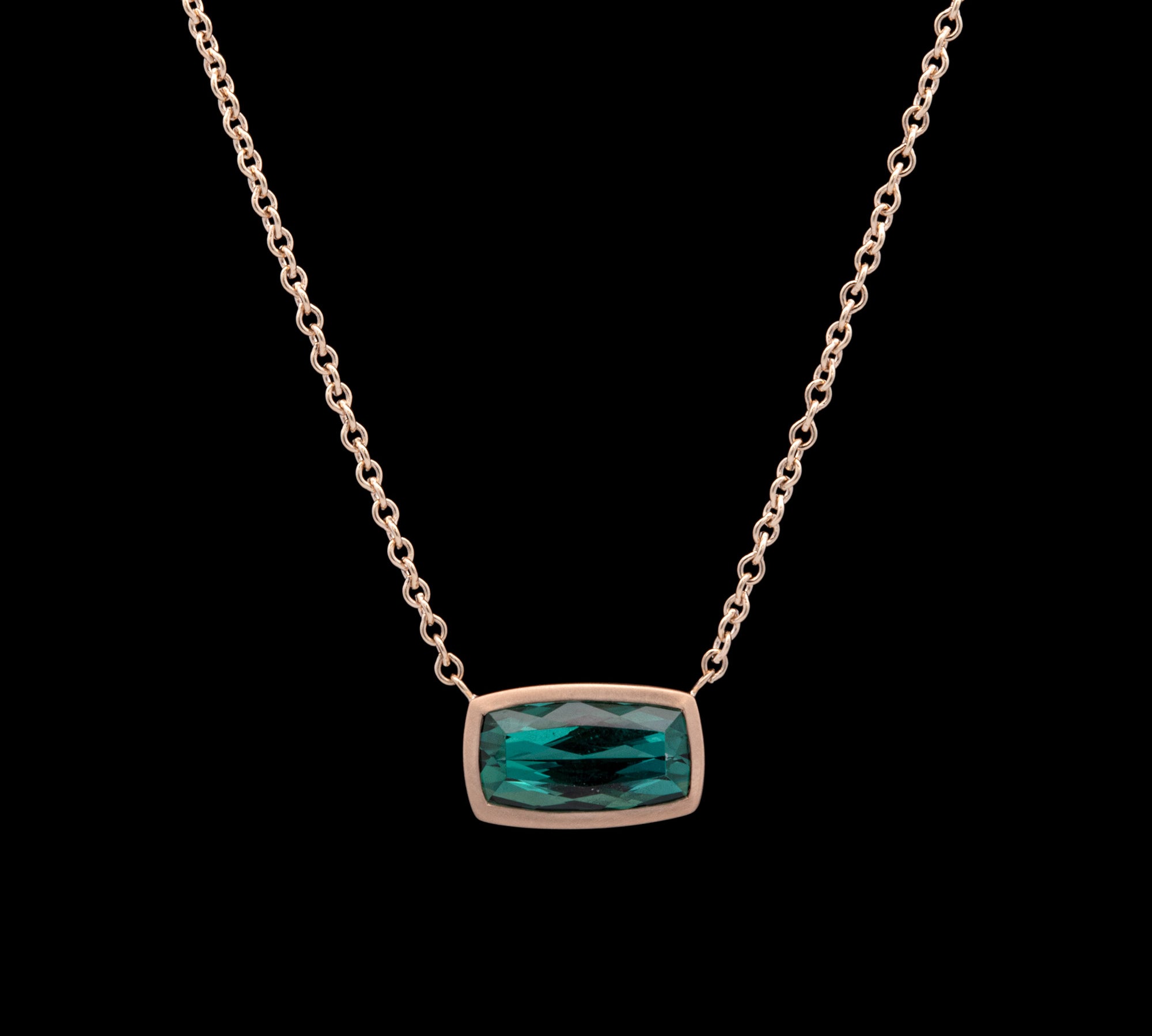 14K Yellow Gold Bezel Set Cushion Cut Green Tourmaline Necklace, 18 Inches