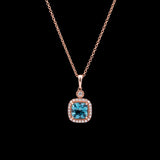 14K Rose Gold Square Blue Topaz And Diamond Halo Pendant With 18 Inch Chain