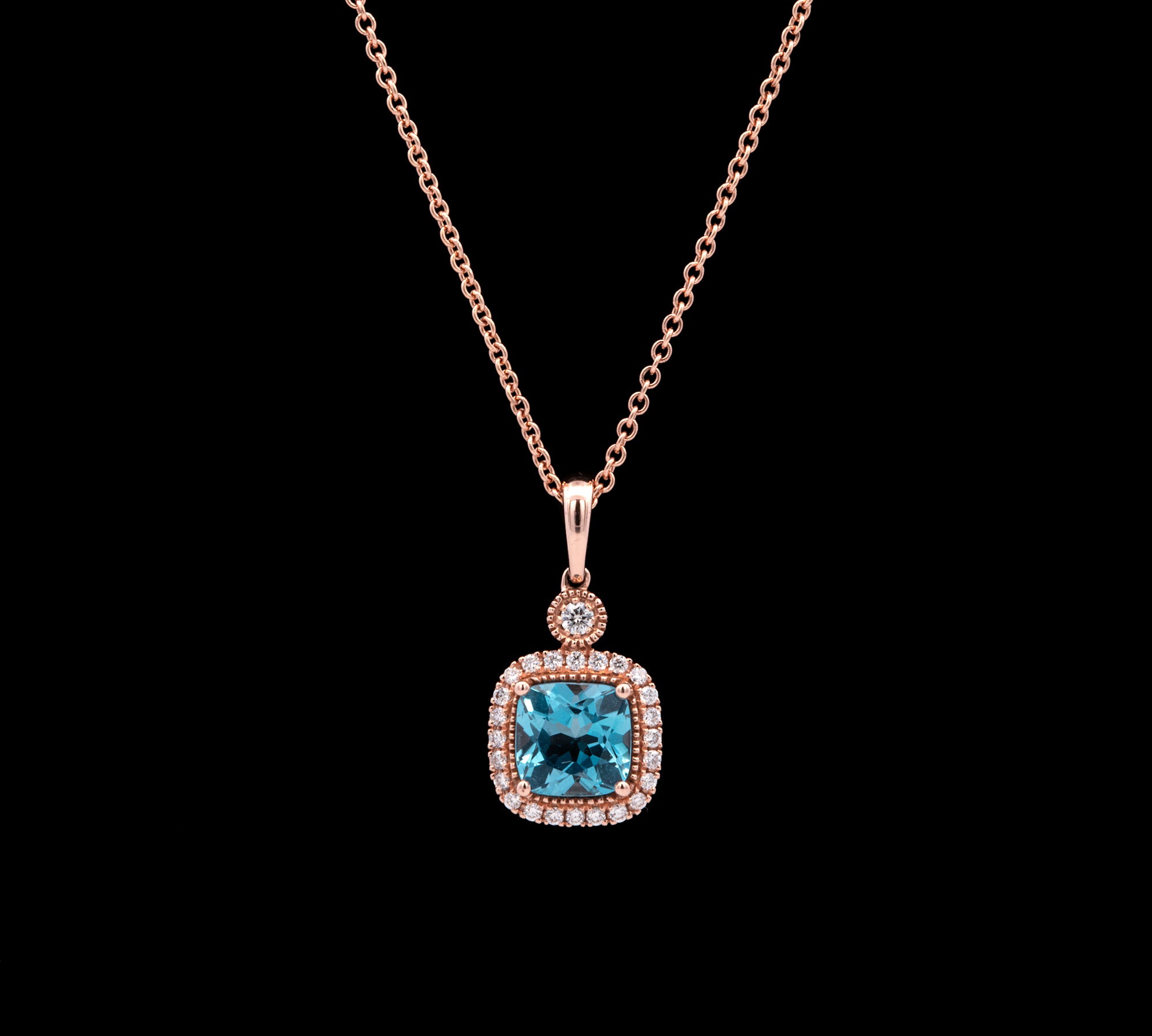 14K Rose Gold Square Blue Topaz And Diamond Halo Pendant With 18 Inch Chain