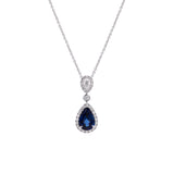 18K White Gold Pear Shaped Sapphire And Diamond Pendant With 16 Inch Chain