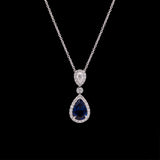18K White Gold Pear Shaped Sapphire And Diamond Pendant With 16 Inch Chain