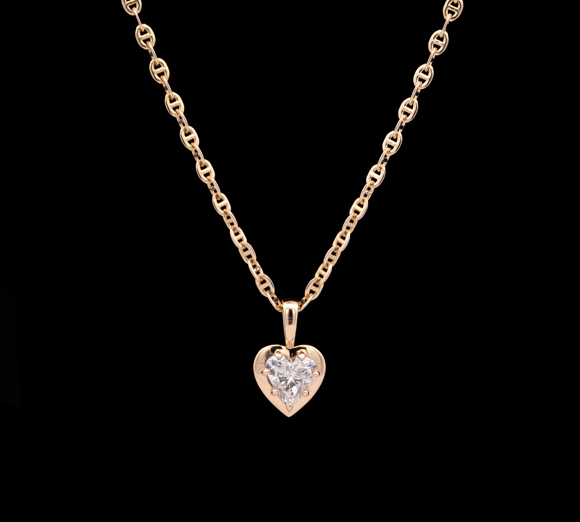 14K Yellow Gold Diamond Heart Pendant And 18 Inch Flattened Anchor Link Chain