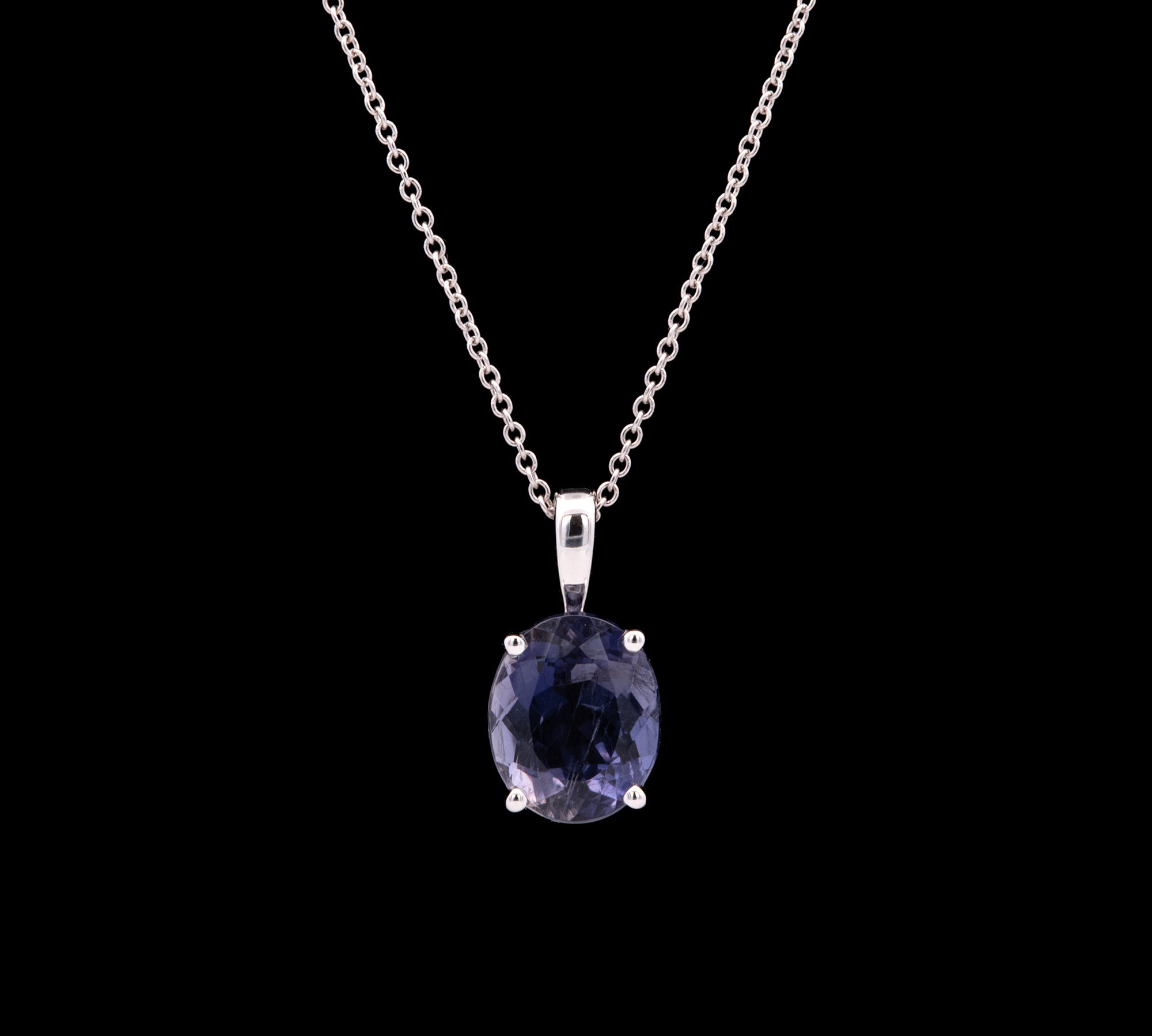 14K White Gold Oval Iolite Pendant With 18 Inch Cable Chain