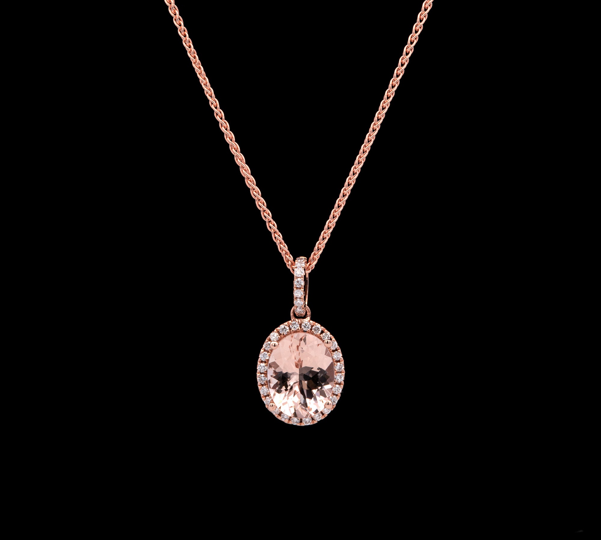 14K Rose Gold Morganite And Diamond Halo Pendant With 18 Inch Wheat Chain
