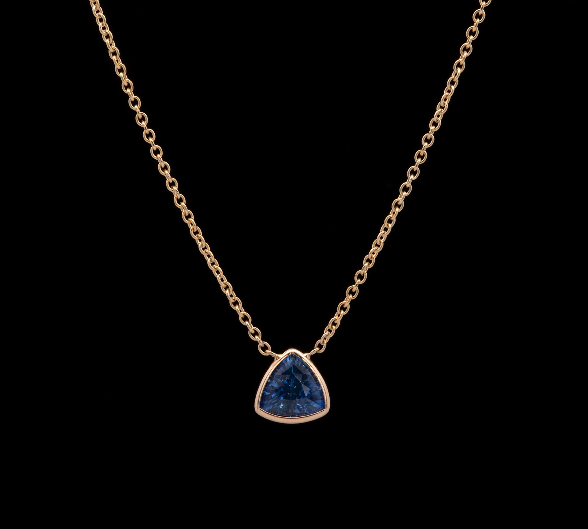 14K Yellow Gold Bezel Set Cornflower Blue Trillion Cut Sapphire Necklace, 18 Inches