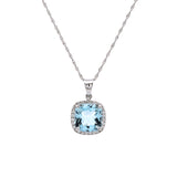 14K White Gold Aquamarine And Diamond Halo Pendant With 18 Inch Chain