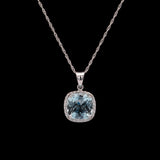 14K White Gold Aquamarine And Diamond Halo Pendant With 18 Inch Chain