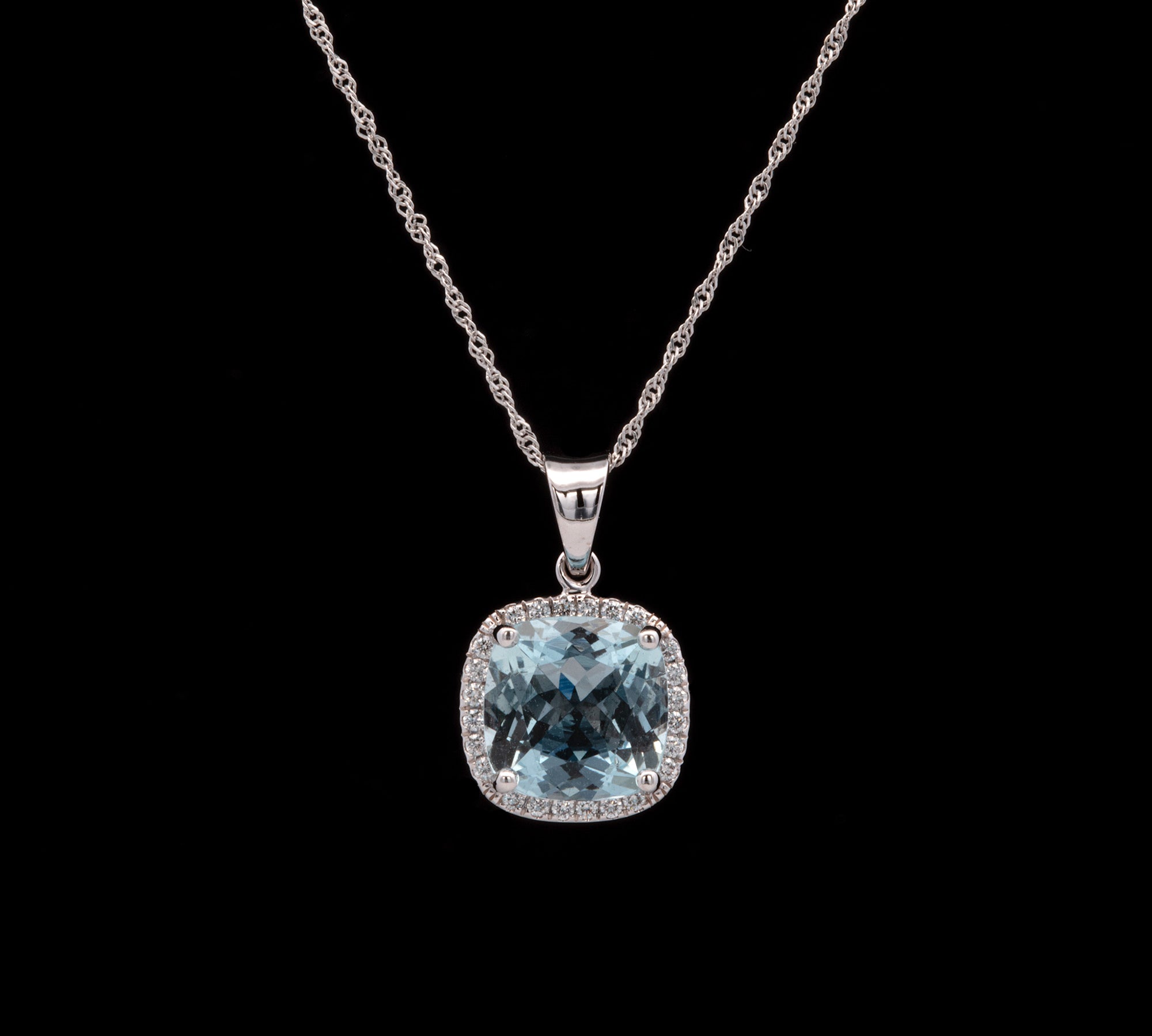 14K White Gold Aquamarine And Diamond Halo Pendant With 18 Inch Chain
