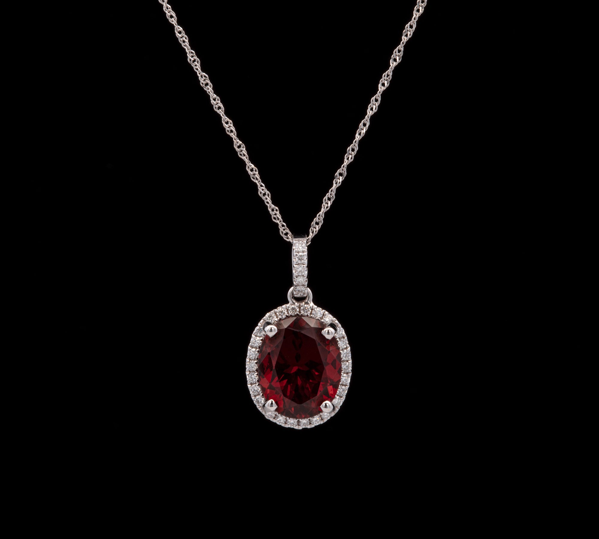 14K White Gold Rhodolite Garnet And Diamond Halo Pendant With 18 Inch Chain