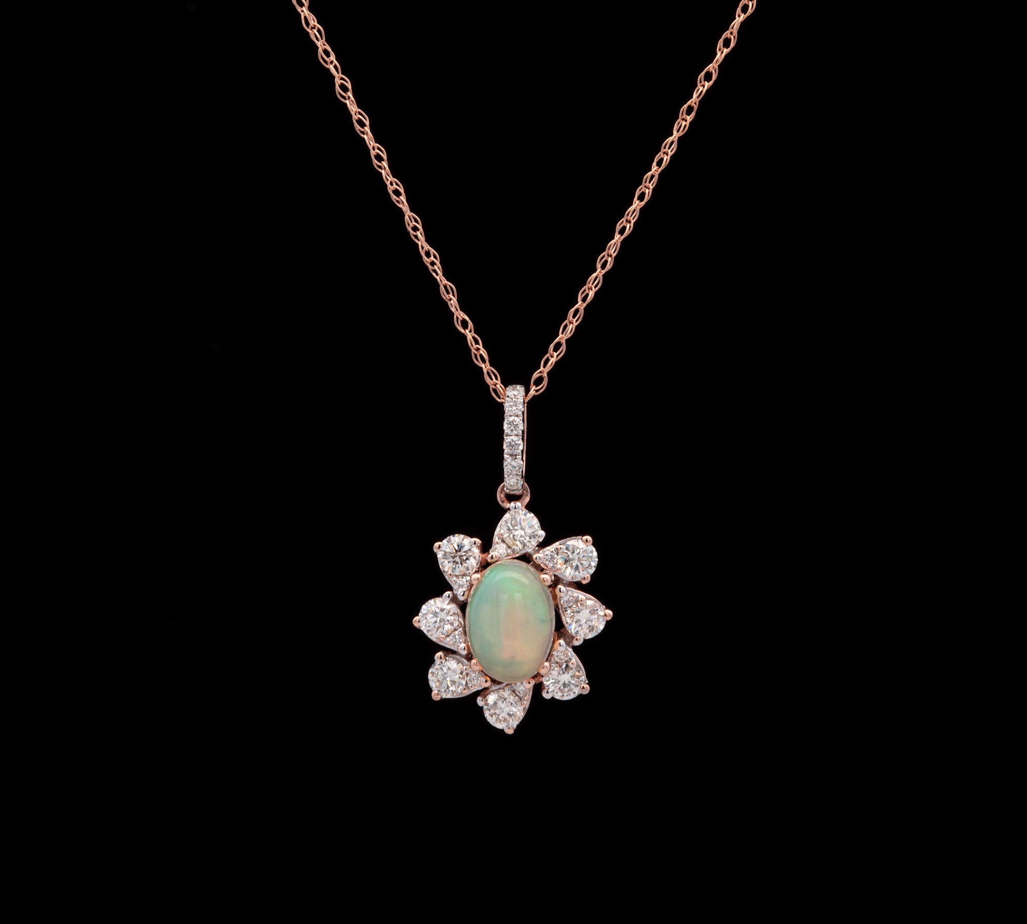 14K Rose Gold Opal And Diamond Pendant With 18 Inch Chain