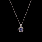 14K White Gold Tanzanite And Diamond Halo Pendant With 18 Inch Chain
