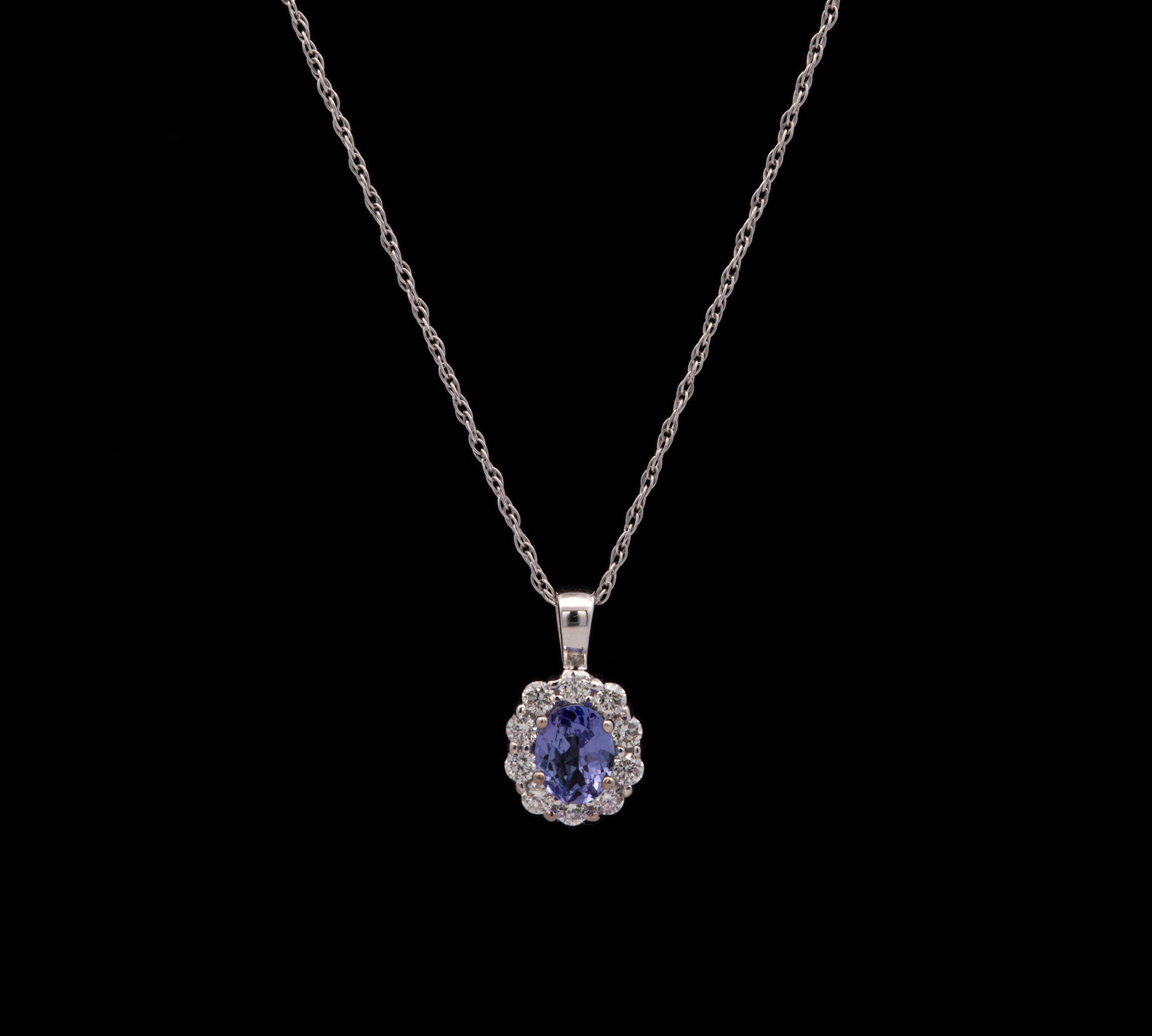 14K White Gold Tanzanite And Diamond Halo Pendant With 18 Inch Chain