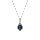 14K White Gold Sapphire And Diamond Halo Pendant With 18 Inch Chain