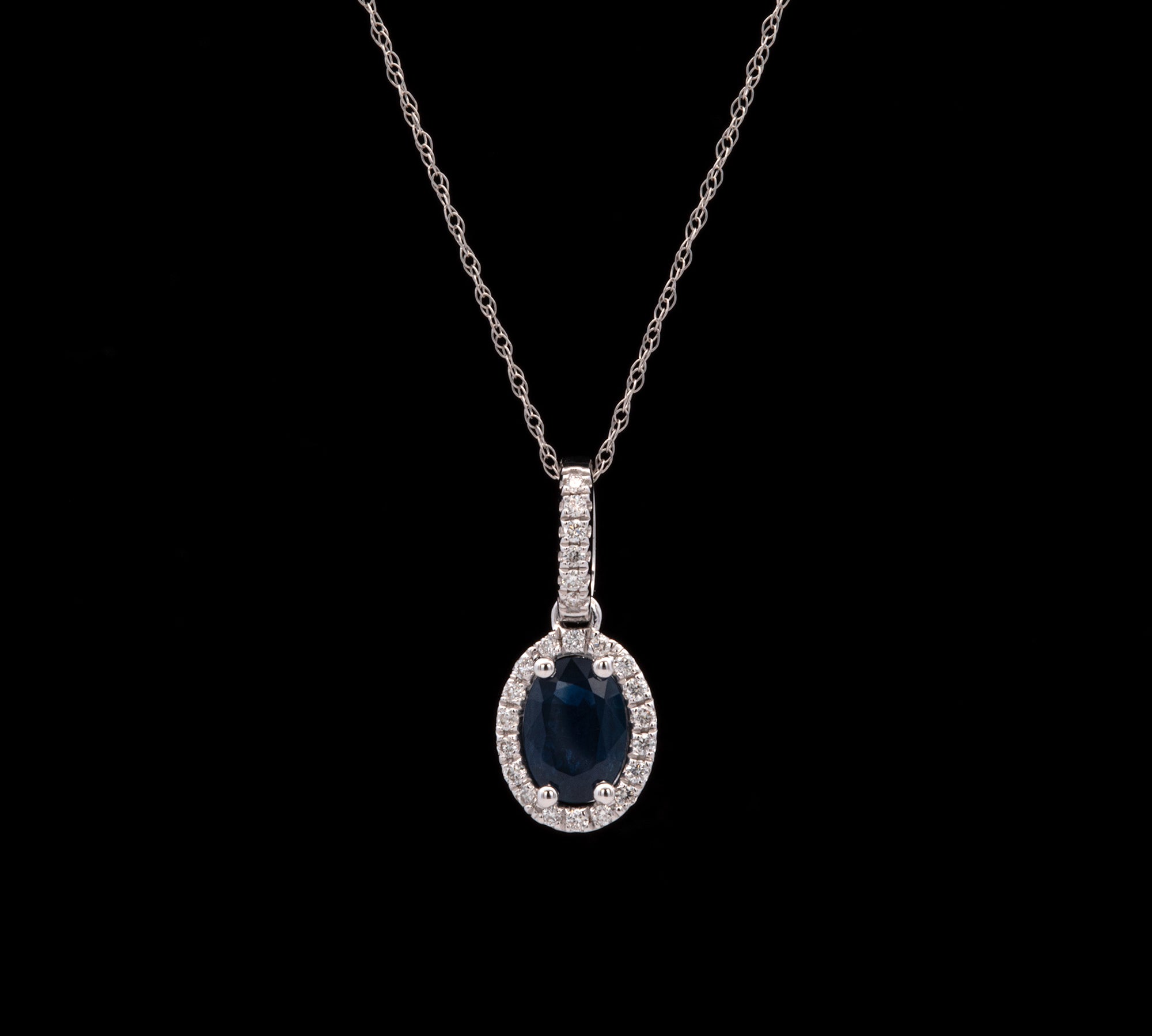 14K White Gold Sapphire And Diamond Halo Pendant With 18 Inch Chain