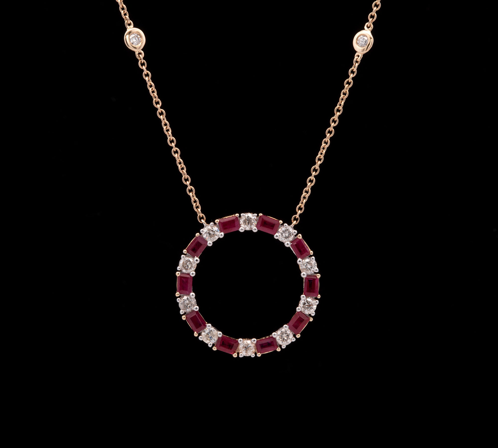 14K Yellow Gold Ruby And Diamond Circle Necklace With 18 Inch Chain