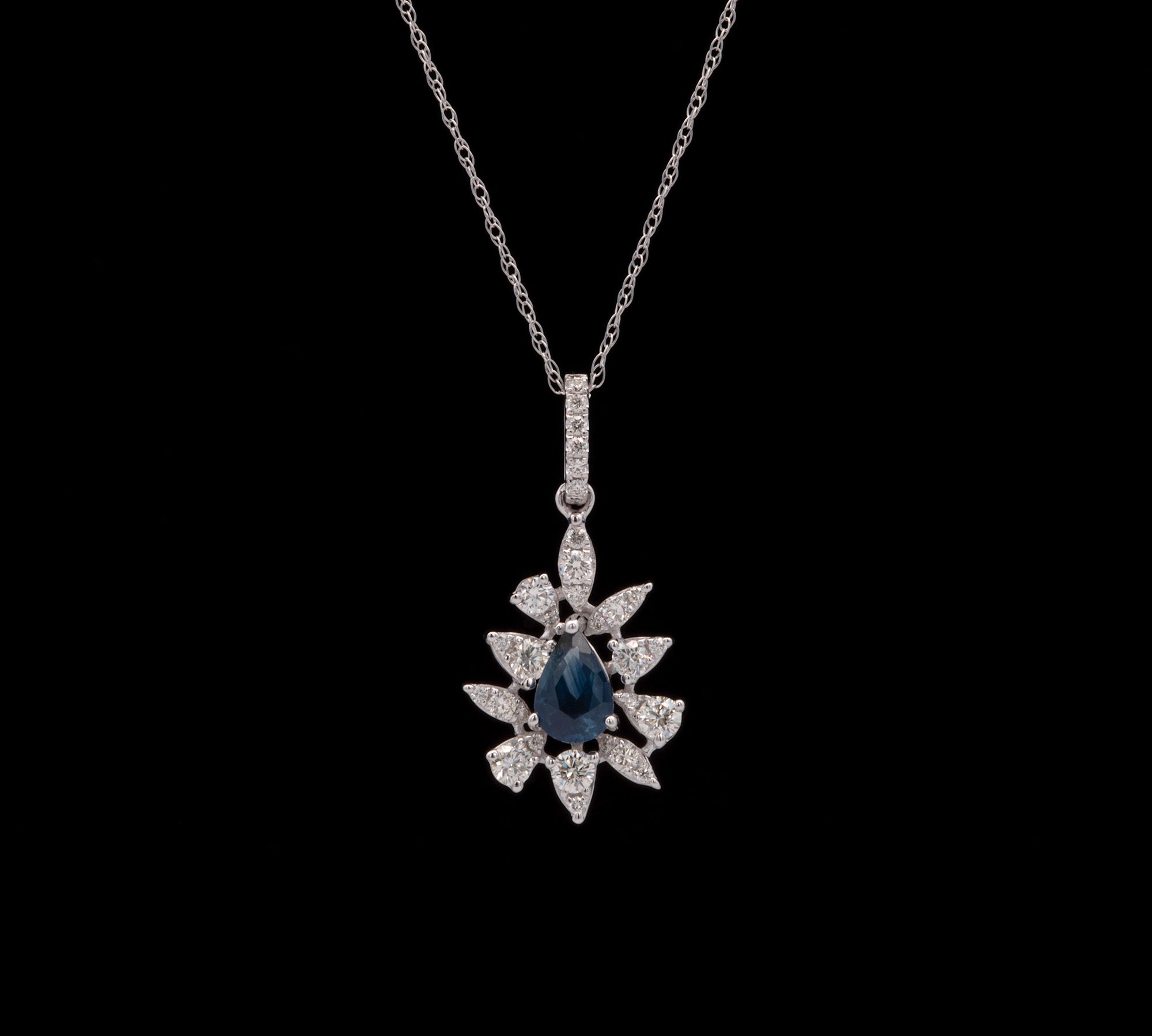 14K White Gold Sapphire and Diamond Pendant With 18 Inch Chain
