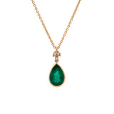 18K Yellow Gold Pear Shaped Emerald And Diamond Pendant With 18 Inch Cable Chain