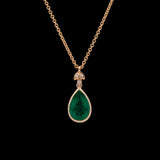 18K Yellow Gold Pear Shaped Emerald And Diamond Pendant With 18 Inch Cable Chain
