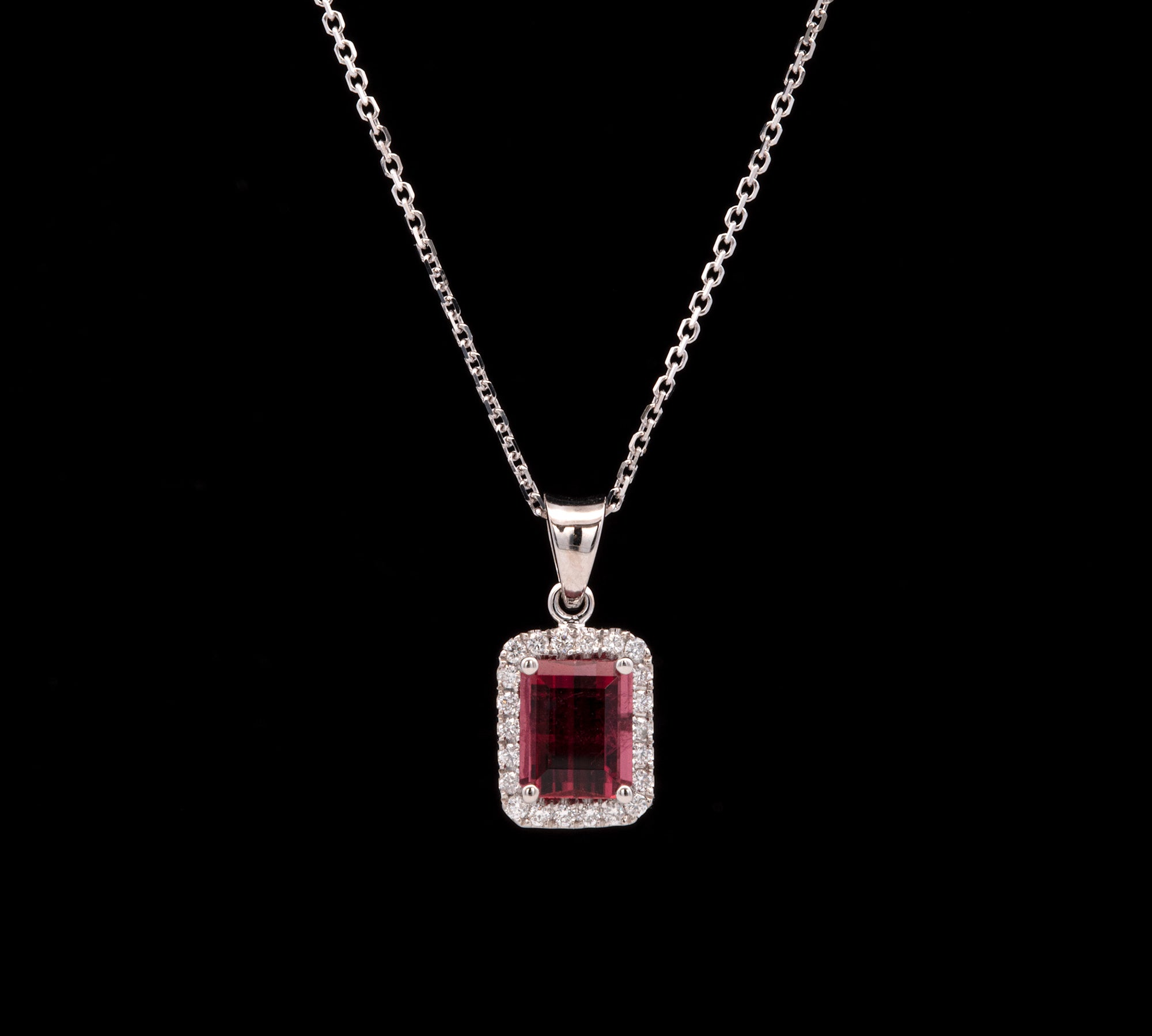 14K White Gold Rubelite Tourmaline And Diamond Halo Pendant With 18 Inch Cable Chain