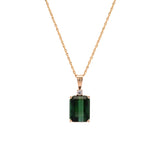 14K Yellow Gold Emerald Cut Green Tourmaline And Diamond Pendant With 20 Inch Chain