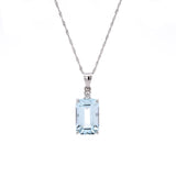 14K White Gold Emerald Cut Aquamarine And Diamond Pendant With 18 Inch Chain