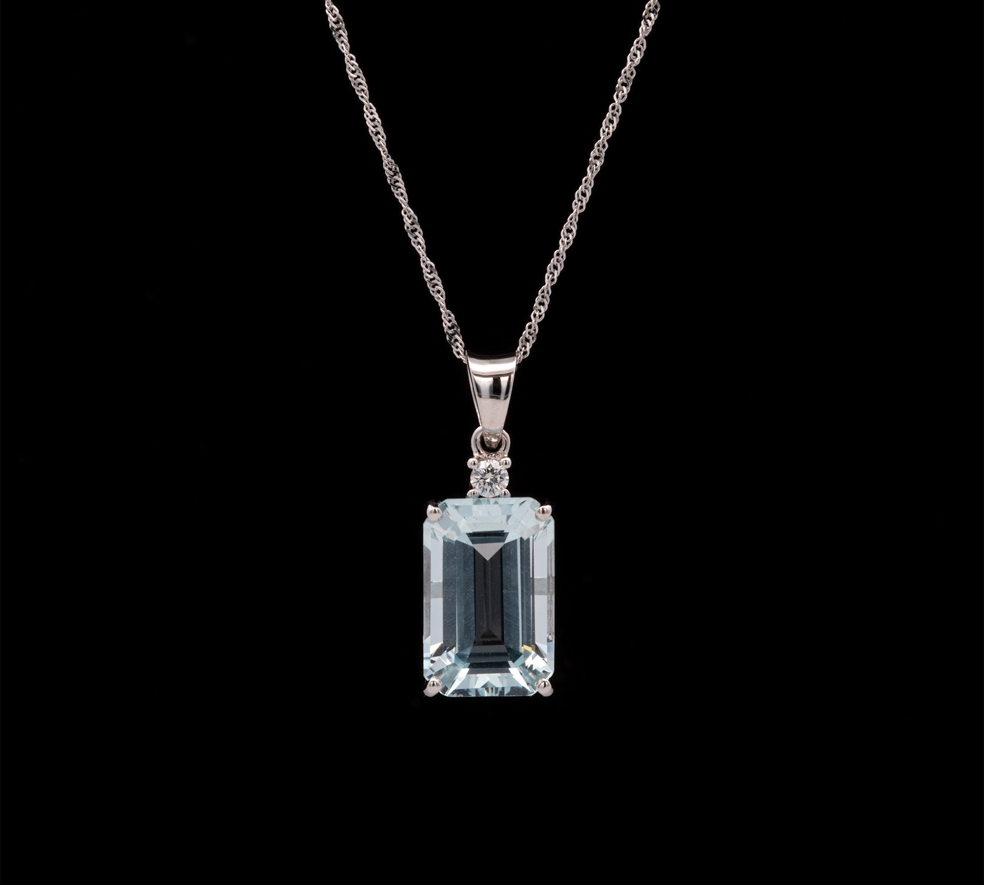 14K White Gold Emerald Cut Aquamarine And Diamond Pendant With 18 Inch Chain