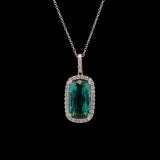 18K White Gold Green Tourmaline And Diamond Halo Pendant With 18 Inch Chain