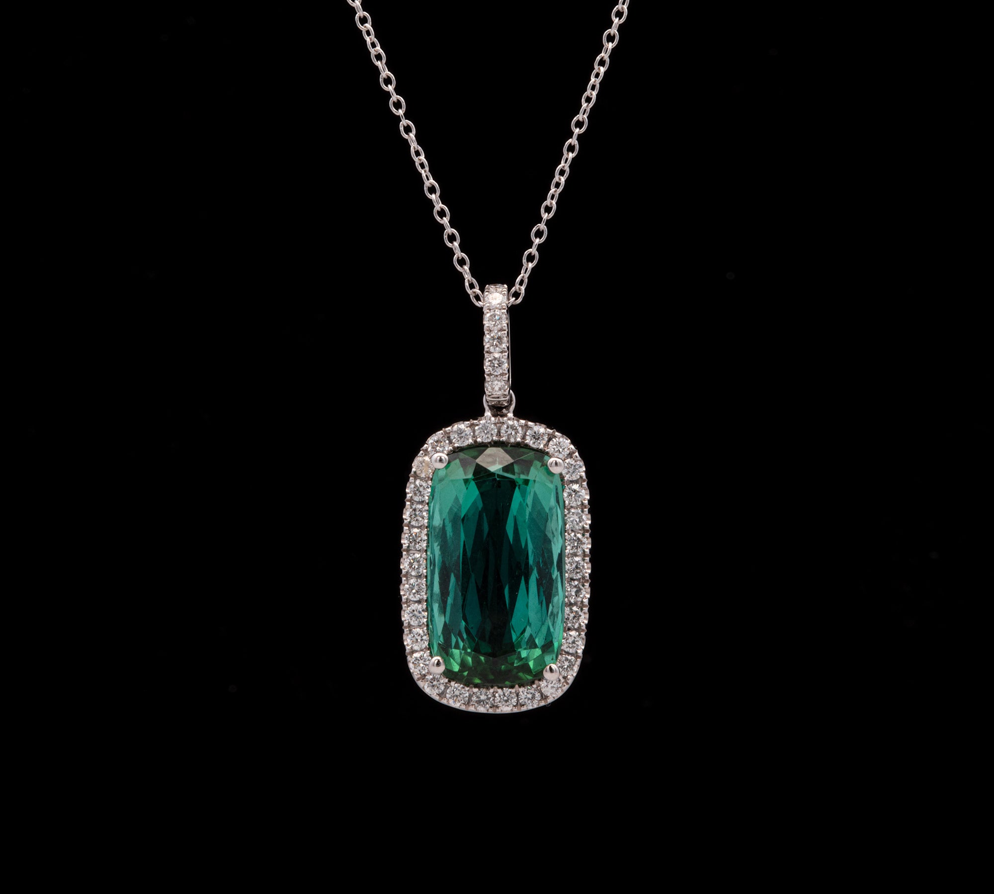 18K White Gold Green Tourmaline And Diamond Halo Pendant With 18 Inch Chain