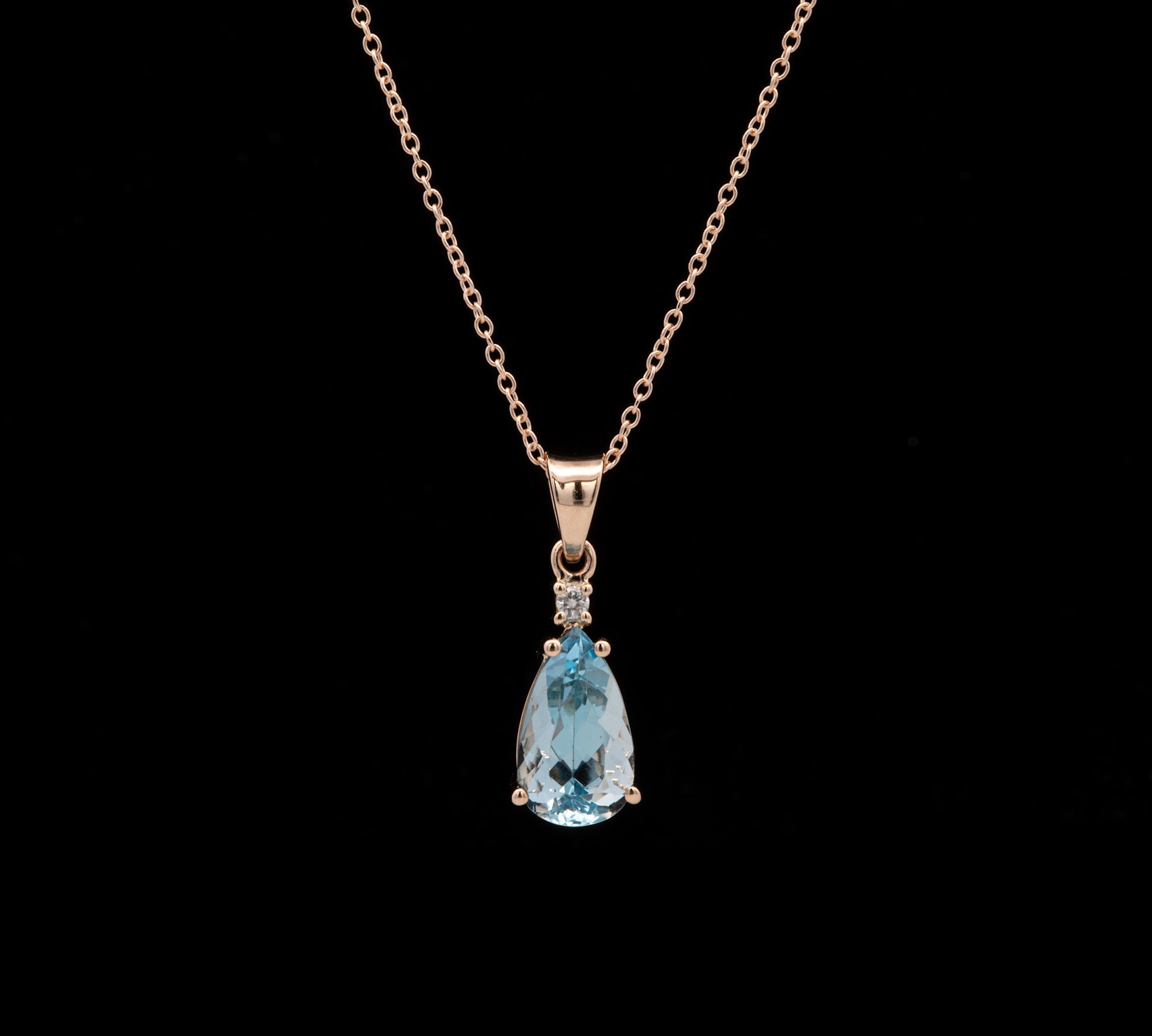14K Yellow Gold Aquamarine And Diamond Pendant with 16 Inch Cable Chain