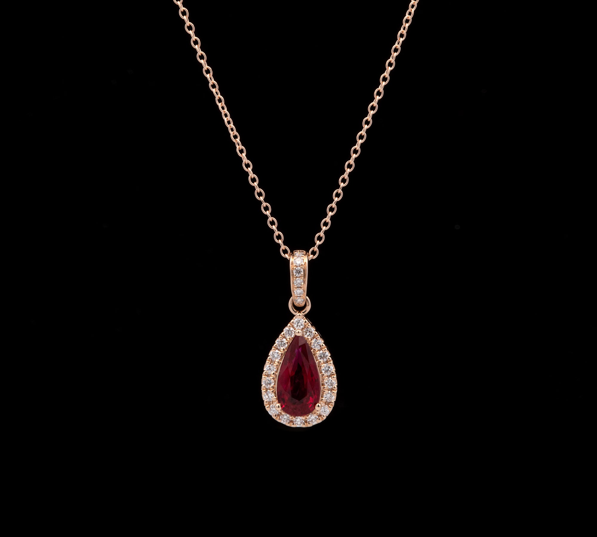14K Yellow Gold Ruby And Diamond Halo Pendant With 16 Inch Cable Chain