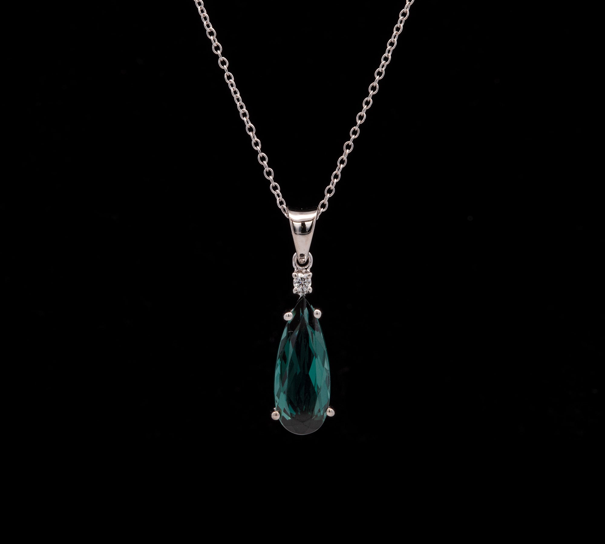 14K White Gold Green Tourmaline And Diamond Accent Pendant With 18 Inch Cable Chain