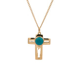 18K Yellow Gold Cabochon Turquoise Cross With 22 Inch Cable Chain