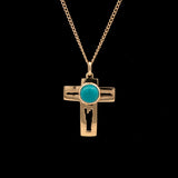 18K Yellow Gold Cabochon Turquoise Cross With 22 Inch Cable Chain
