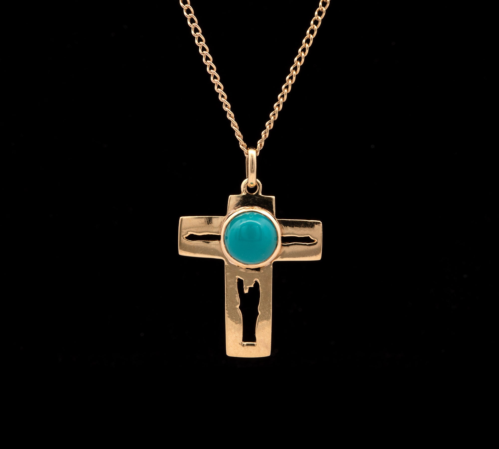 18K Yellow Gold Cabochon Turquoise Cross With 22 Inch Cable Chain