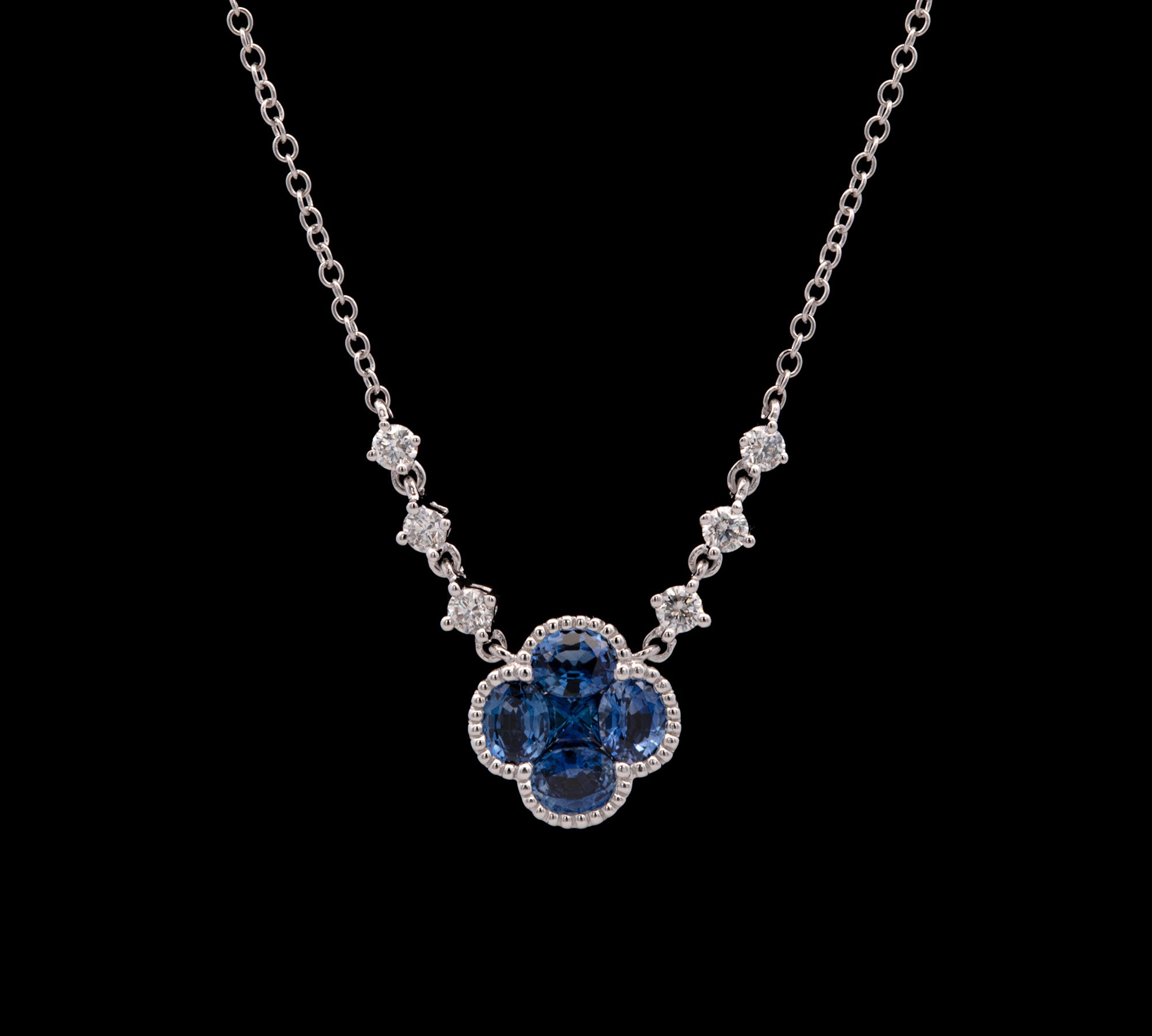 14K White Gold Sapphire And Diamond Clover Necklace, 18 Inches