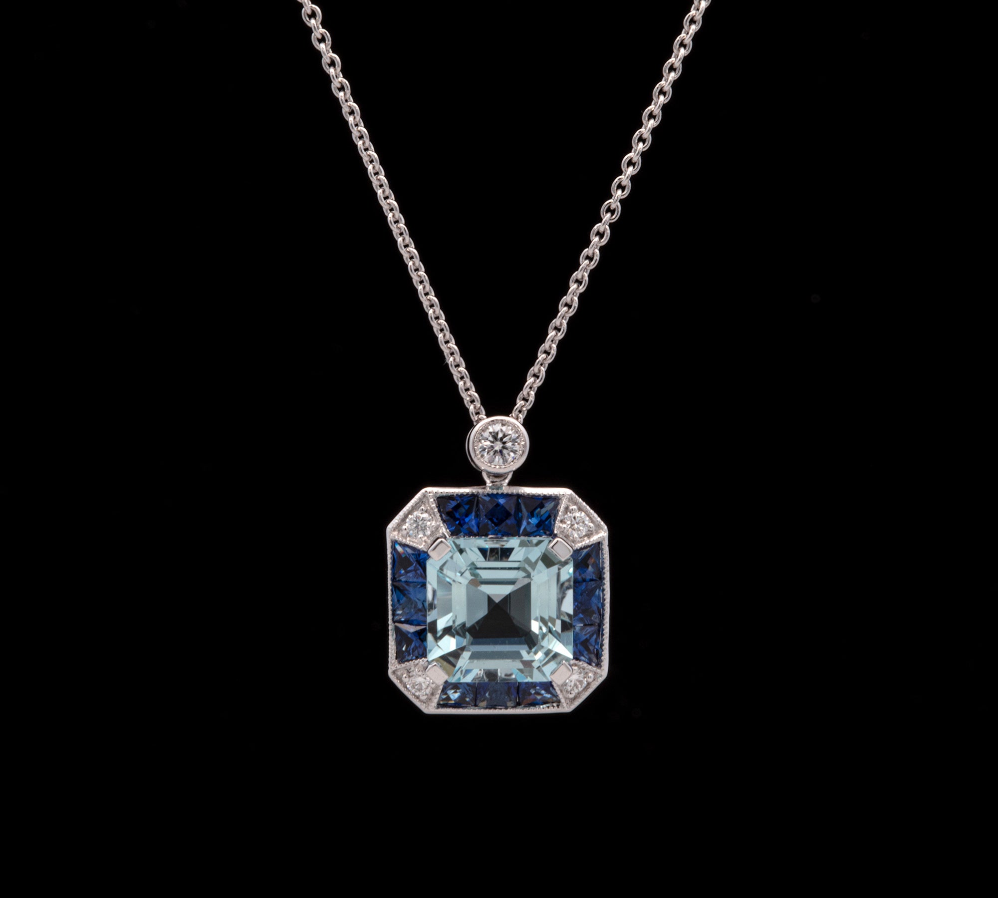 18K White Gold Aquamarine, Sapphire, And Diamond Pendant With 16 Inch Cable Chain