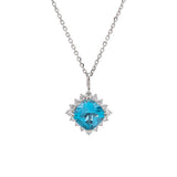14K White Gold Blue Topaz And Diamond Halo Pendant With 18 Inch Cable Chain