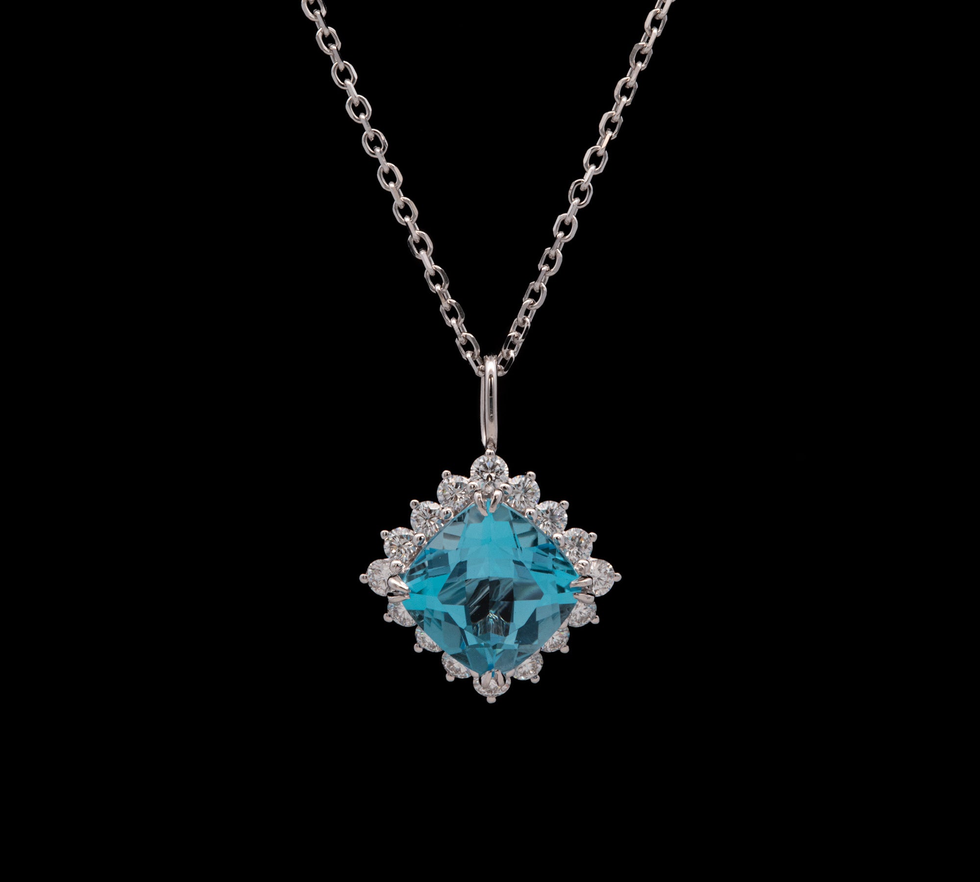 14K White Gold Blue Topaz And Diamond Halo Pendant With 18 Inch Cable Chain
